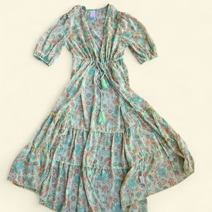 No Boundaries Boho Whimsigoth Floral Tiered Duster Kimono Teal L-XL Metallic